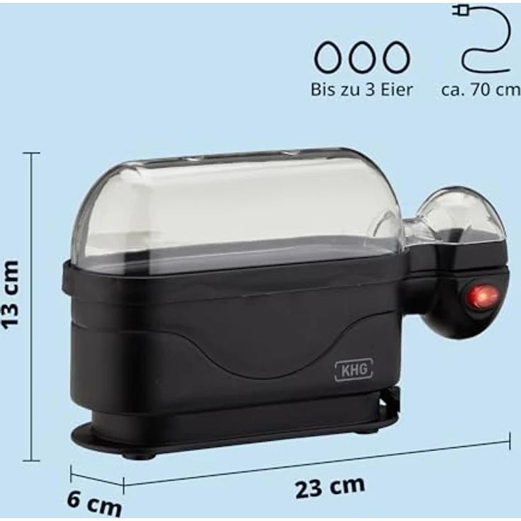 KHG Eierkocher für 3 Eier, Aluminium Schwarz, mit Warmhaltefunktion und Alarmfunktion, 380 Watt, platzsparend, TÜV Siegel – Bild 2