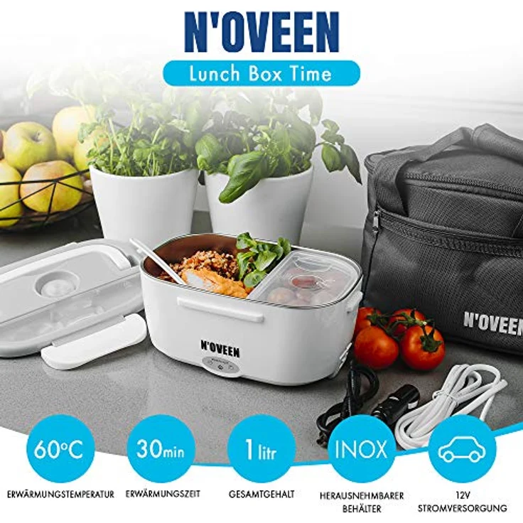 NOVEEN Elektrische Lunchbox LB 410 Grey Speisenwärmer Edelstahl Warmhaltebox Tragbare Food Box für Nahrung, Isolierte Essenstasche Picknicktasche mit Gürtel – Bild 2