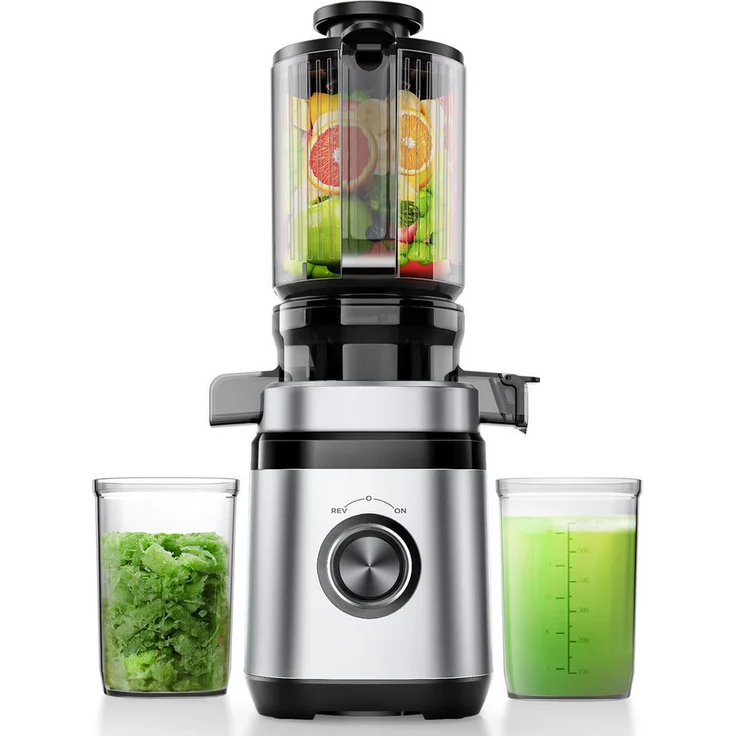 ibettertec Slow Juicer, Testsieger Entsafter mit 350 W Ultrasilent-Motor, 110 mm Einfüllöffnung, 2 Tassen, Silber