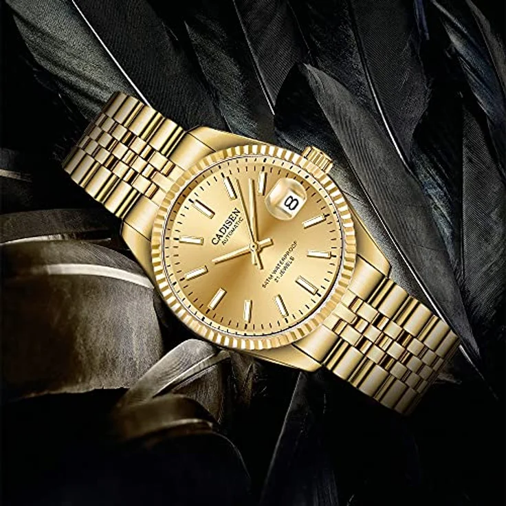 CADISEN Herren Automatik Uhr, elegante mechanische Armbanduhr mit Saphirglas, wasserdicht bis 50 m, Edelstahlarmband, gold – Bild 2