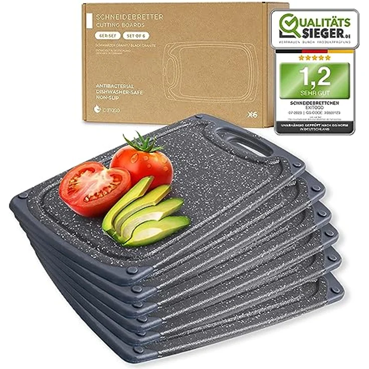 Exitoso Frühstücksbrettchen 6er Set Schneidebrett Marmoroptik Schwarz, rutschfest mit Saftrille und Griff, Spülmaschinenfest Antibakteriell Kunststoff Brotzeitbrett, 25x15cm Brettchen Set klein – Bild 1