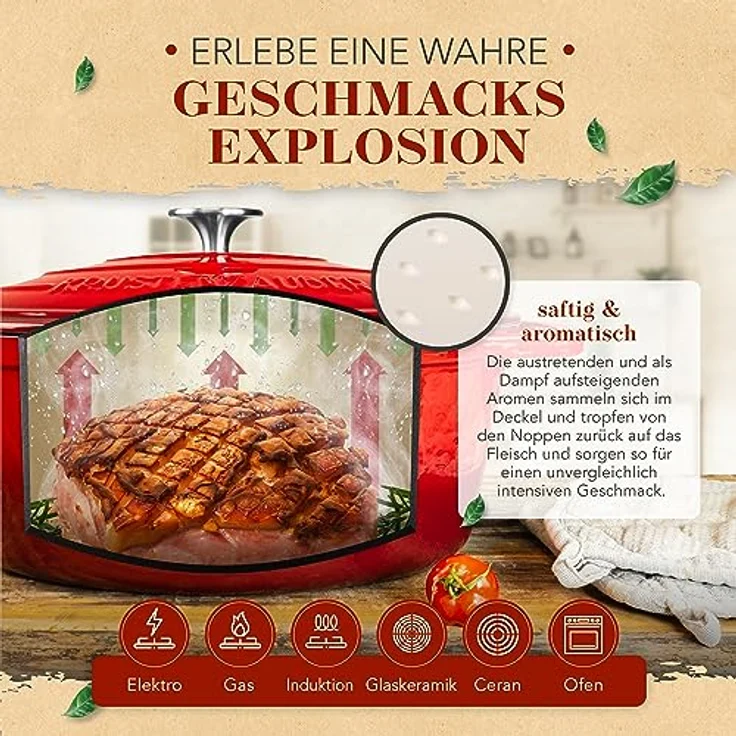 KRUSTENZAUBER 33cm Gusseisen Bräter mit Deckel, 6l Emaille Topf XL, Induktion Oval, Geschenk Weihnachten – Bild 5