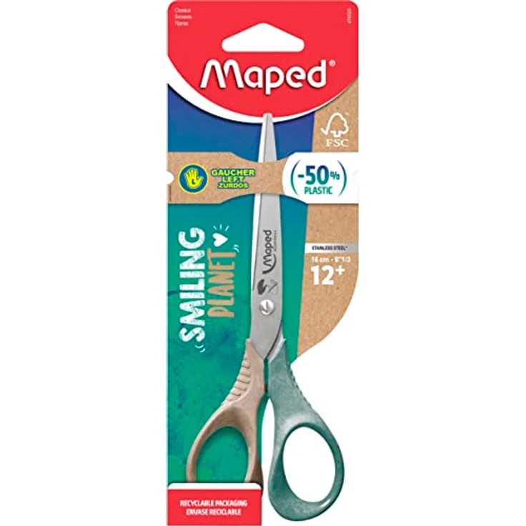 Maped - die nachhaltige Schere SMILING PLANET SHAPE 16 cm für Linkshänder - reflex 3D Griffe aus Holzfaserverbund-Kunststoff aus FSC zertifiziertem Material - ergonomische 3D Griffe – Bild 2