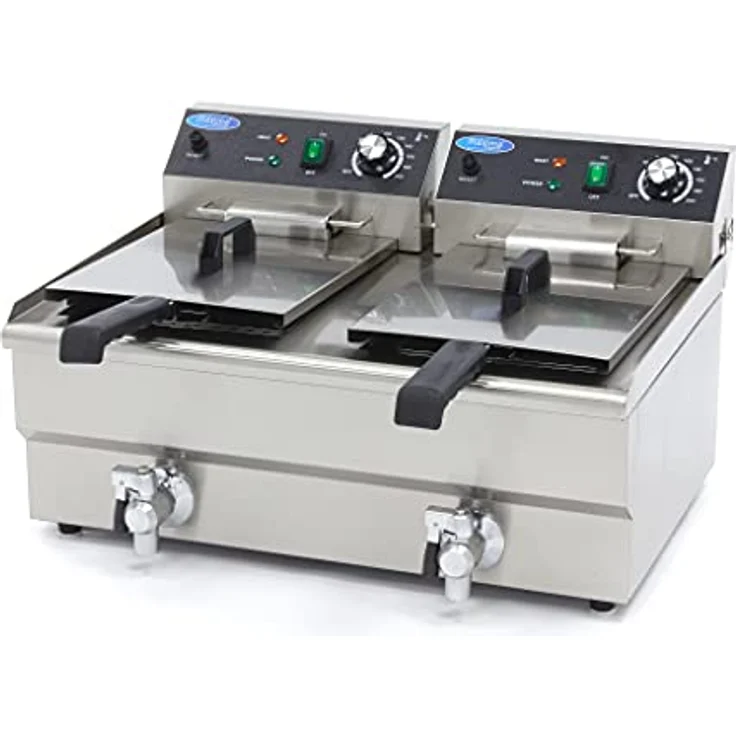Maxima Doppel-Catering-Fritteuse, 2x 13 L Edelstahl mit Ablasshahn und abnehmbarem Deckel, 26 Liter Kapazität – Bild 1