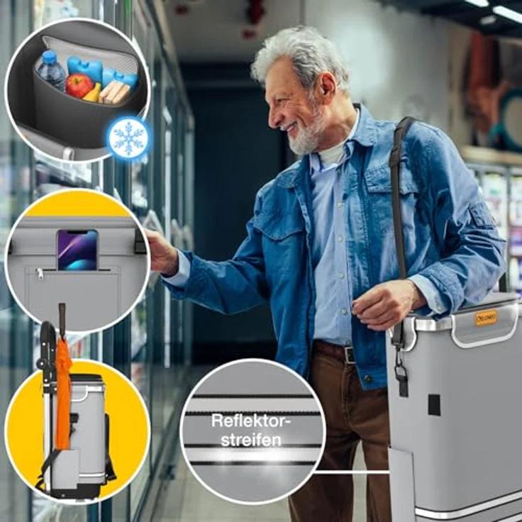 ELONEO Einkaufstrolley klappbar, 3in1 Einkaufswagen mit Kühlfach, 56L Kapazität, Silber, abnehmbare Umhängetasche & Sackkarre bis 50kg – Bild 5