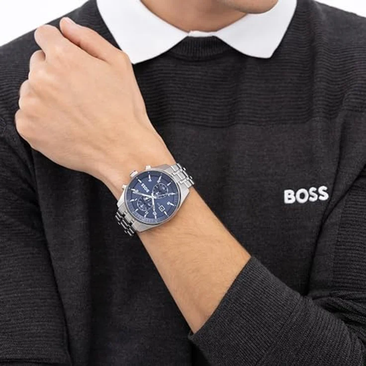 BOSS SKYTRAVELLER LE Chronographen-Quarzuhr mit Kalender, 44mm Edelstahlgehäuse, blauer Sunray Zifferblatt, silbernes Edelstahlarmband, 5 ATM wasserdicht - 1514216 – Bild 5