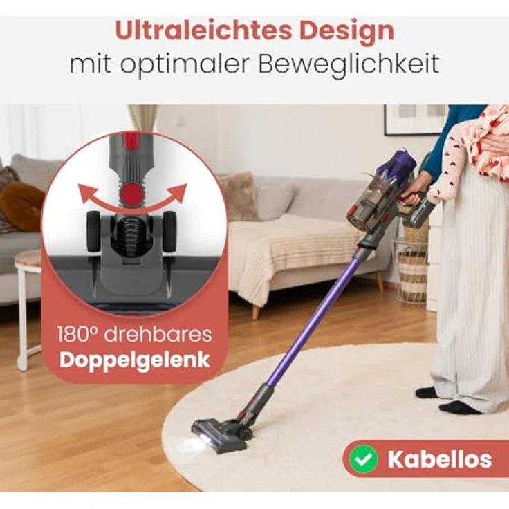 ProfiCare® PC BS 3148, Akku Staubsauger kabellos 2in1, 22,2V, 35 min Laufzeit, 105.000 U/Min, für Tierhaare, LED-Display, beutellos – Bild 4