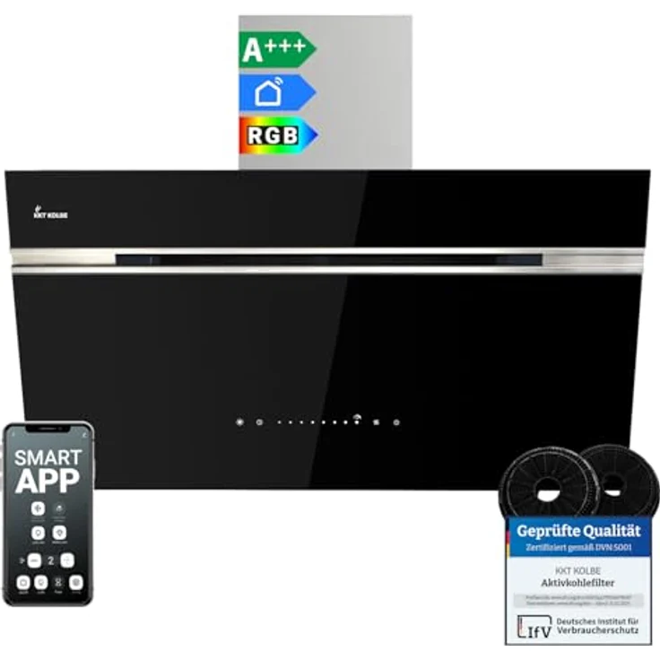 KKT KOLBE AURORA9005SE, Dunstabzugshaube 90 cm, A+++ Energieeffizienz, 782 cbm/h, Umluft/Abluft, kopffrei, Schwarz Silber Edelstahl, Nachlaufautomatik, Smart WiFi App, SensorTouch, RGBW LED – Bild 1