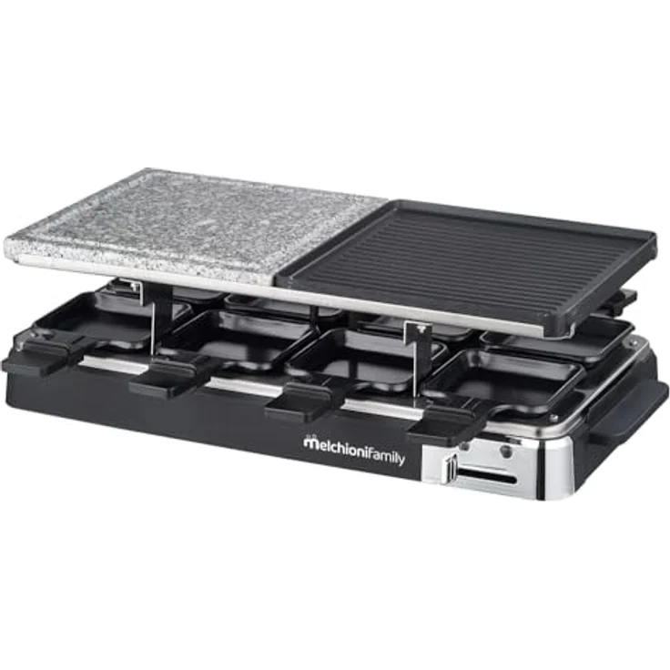Melchioni Family | Raclette-Set mit Grillplatte und Stein für 8 Personen, OLIMPIA, 1200 W, regulierbarer Thermostat, inkl. 8 Raclette-Schalen – Bild 2