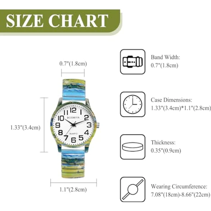 JewelryWe Damenuhr Boho Elastische Armbanduhr, Van Gogh Die Ernte Kunstmotiv, Edelstahl Stretcharmband, große Ziffern, Analog Quarz Uhr für Senioren – Bild 3