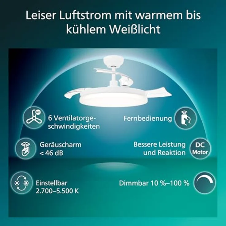 Philips Solr Deckenventilator mit LED-Licht, Einziehbaren Flügeln, 106 cm, 4.500 Lumen, Dimmbar, 3 Weißstufen, Fernbedienung, Weiß – Bild 2