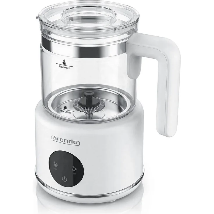 Arendo Milchaufschäumer Milk Sphere, elektrisch mit 500 ml Glasbehälter, 600 W, heißer & kalter Milchschaum, 2 Einsätze für Cappuccino und heiße Schokolade