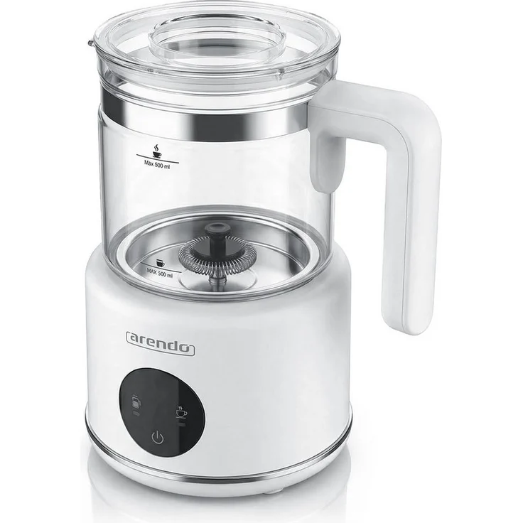 Arendo Milchaufschäumer Milk Sphere, elektrisch mit 500 ml Glasbehälter, 600 W, heißer & kalter Milchschaum, 2 Einsätze für Cappuccino und heiße Schokolade