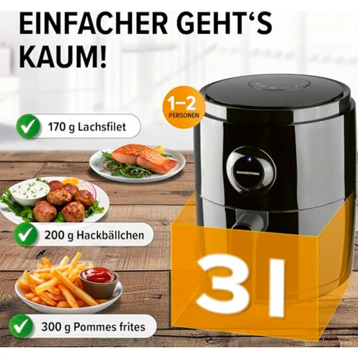 GOURMETmaxx Heißluftfritteuse, 1400 W, 3 Liter, ohne Fett, bis 200 °C, Timer, 6 Programme, Kunststoff, schwarz – Bild 4