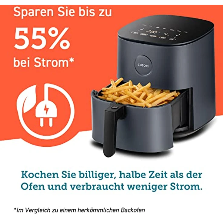 COSORI Heißluftfritteuse XXL 4,7 L, Energieeinsparung 9-in-1 Airfryer, Max 230℃, kompakte Heissluftfriteuse mit Rezeptbuch auf Deutsch, Ohne ÖL mit Digitalem Display, Leise, 4 Portionen, 1500W – Bild 2