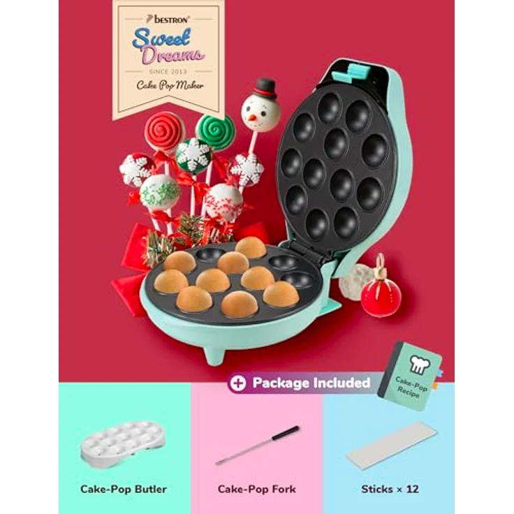 Bestron DCPM12M Cake-Pop-Maker, Cookie Maker, 700W, stufenlos regelbar, Backampel, wärmeisolierter Griff, mint – Bild 6
