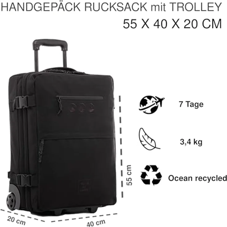 SONS OF ALOHA 3 in 1 Backpacker Rucksack mit Rollen - Handgepäck Koffer Kane Hybrid Boardgepäck, wasserabweisendes recyceltes PET, schwarz – Bild 2