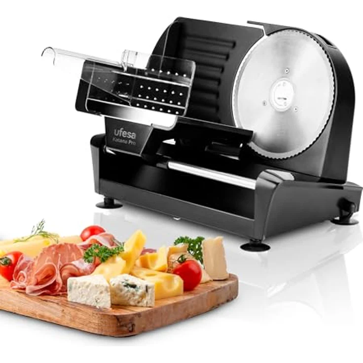 Ufesa Katana Pro, Aufschnittmaschine mit 200 W Motor, maximaler Scheibendicke von 2 cm, Edelstahl, Schwarz – Bild 1
