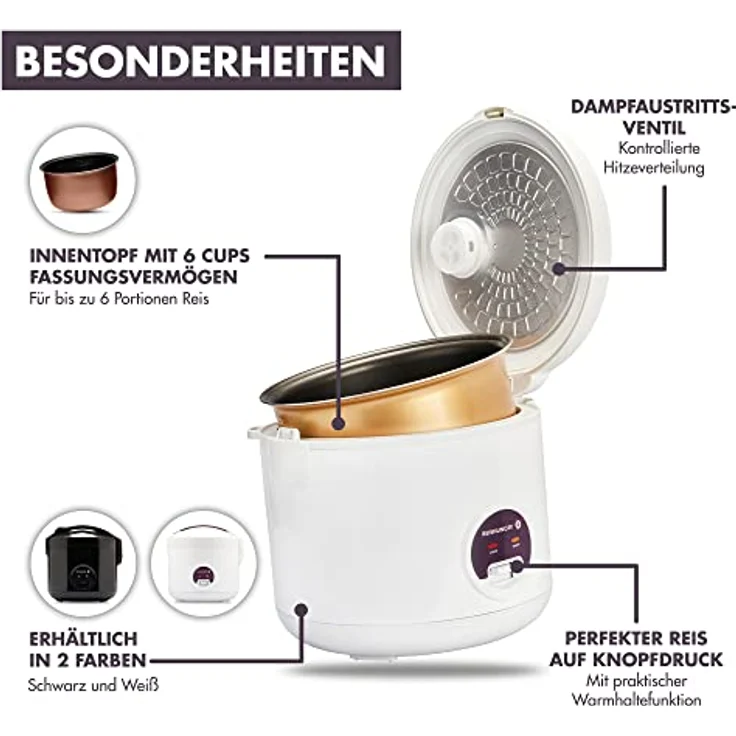 Reishunger Basis Reiskocher, 500 Watt, 1,2l, mit Keramikinnentopf, weiß, lila – Bild 2