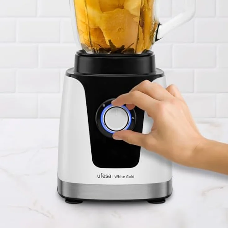 Ufesa White Gold Standmixer, 1500W Leistung, 1,5L Glaskrug, LED-Licht, Ice Crusher, 6 Edelstahlklingen, 2 Geschwindigkeiten + TURBO – Bild 5