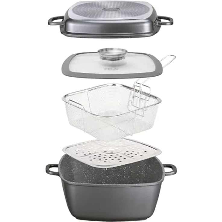 STONELINE Multi-Eckpfanne, 28 x 28 cm, Aluguss, Antihaftbeschichtung mit echten Steinpartikeln, grau, induktionsgeeignet, mit Dampf- und Frittierfunktion – Bild 1