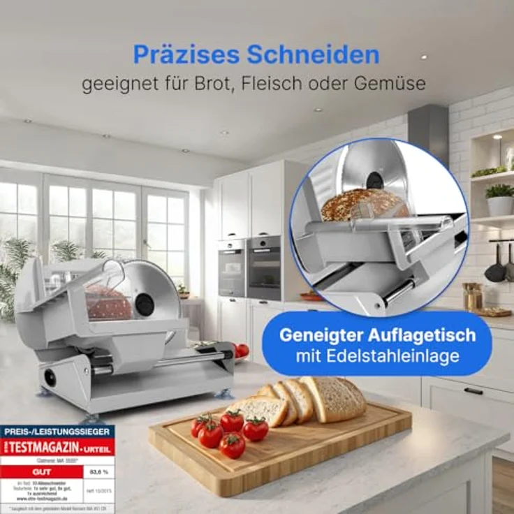 Clatronic MA 3585, Vollmetall-Allesschneider, Großes rostfreies Edelstahlmesser (Ø 190 mm), 150 Watt, Universalwellenschliff, Alu-Druckguss Motorgehäuse, Stufenlose Schnittstärke (0-15mm) – Bild 3