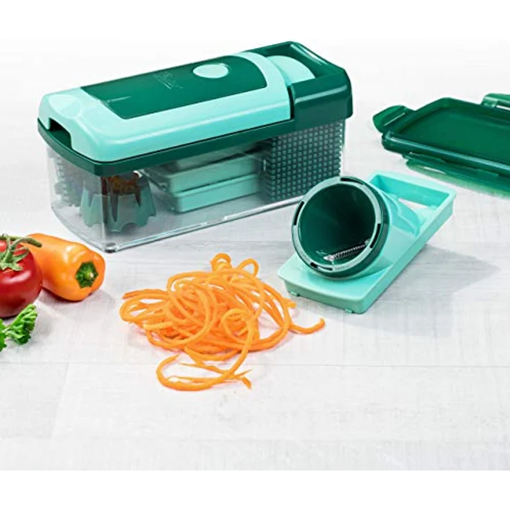 Genius A34035 Nicer Dicer Fusion smart Gemüseschneider-Set 12tlg-Zerkleinerer mit Auffangbehälter, XXL-Messereinsatz & Julietti-Spiraleinsatz | Würfel, Stifte, Viertel, Achtel, Julietti, PP – Bild 2
