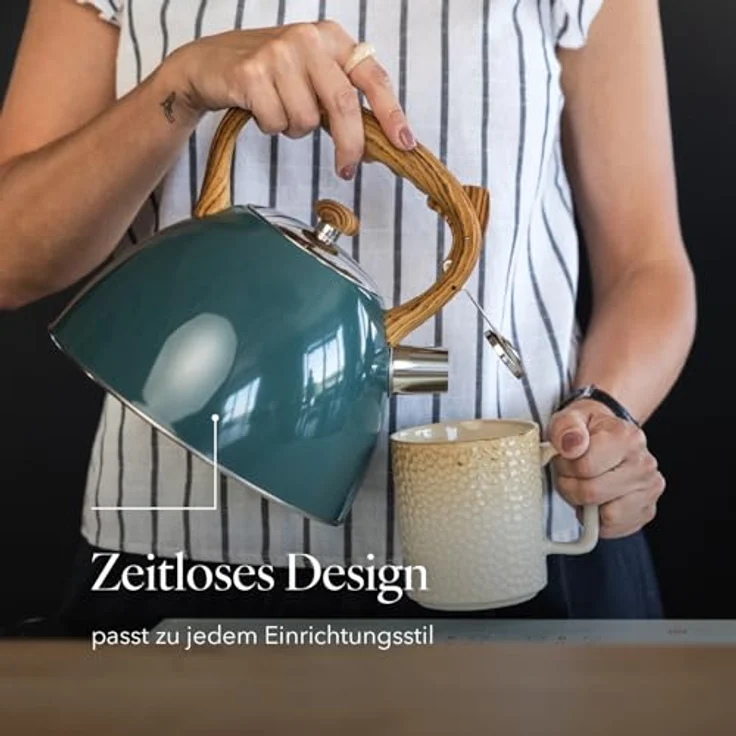 FLORINA Wasserkessel FRANK, 2,5 l Edelstahl Teekessel mit Holzgriff, flötender Wasserkocher für Induktions-, Gas- und Elektroherd, dunkelgrün matt – Bild 4