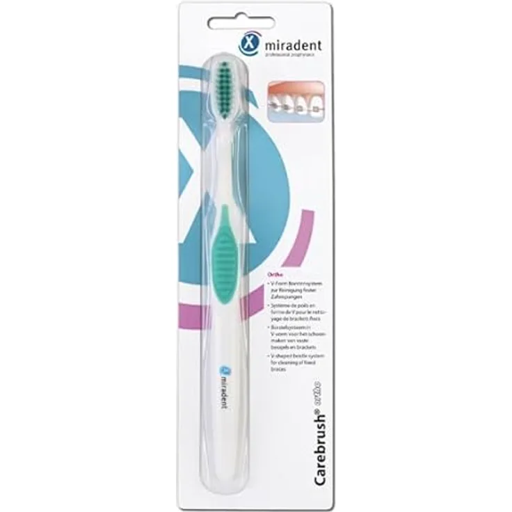 HAGER PHARMA GMBH Miradent Carebrush ortho Zahnbürste, weiß/grün, mit speziellem Bürstenkopf für Zahnspangen