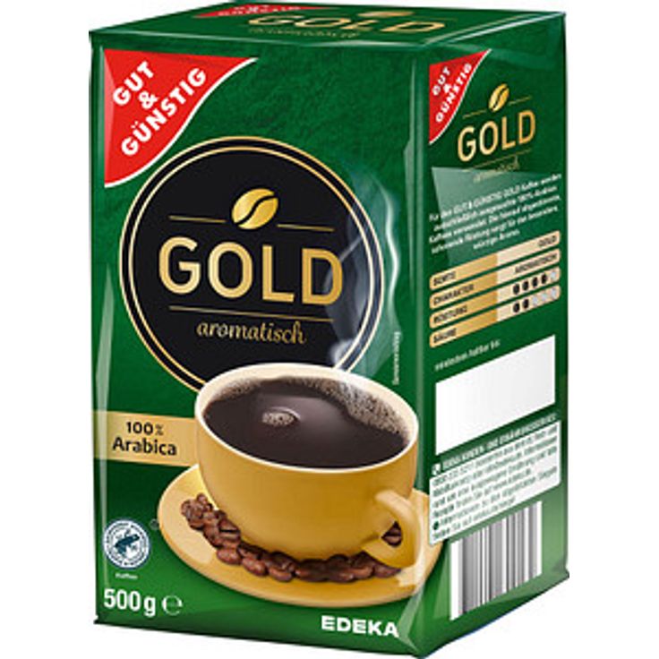 GUT&GÜNSTIG Gold Kaffee, gemahlen, Arabicabohnen, Rainforest Alliance-zertifiziert, 500 g, Röstgrad 3/5, geeignet für Filterkaffeemaschinen
