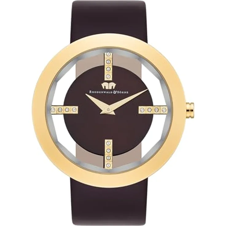 Rhodenwald & Söhne Lucrezia Damenuhr Edelstahl Gold 3 ATM mit Kristallen von Swarovski® Lederarmband Braun - Fashion-Uhr Frauen Skeletonoptik