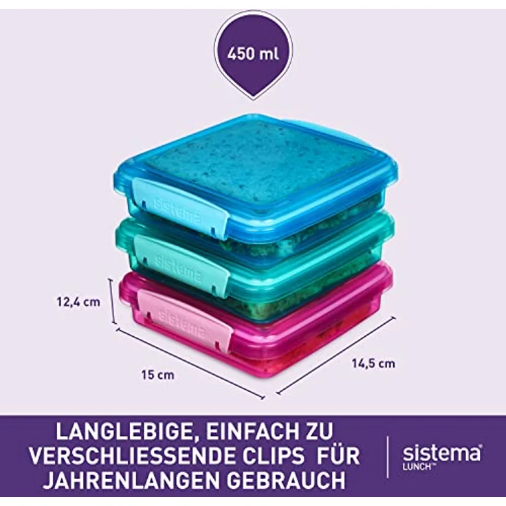 Sistema 41647 Lunch Sandwich Box mit kontrastierendem Clips, 450 ml, 3 Stück , farblich sortiert – Bild 4