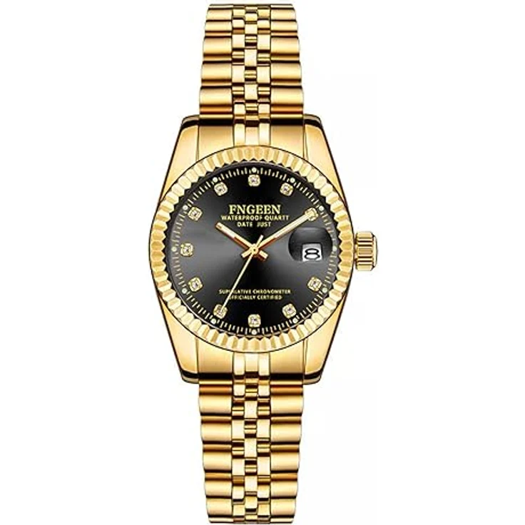 JewelryWe Armbanduhr Damen Edelstahl, wasserdicht, analog Quarz mit Datum, leuchtenden Zeigern und schwarzem Zifferblatt, goldfarbenes Armband – Bild 1