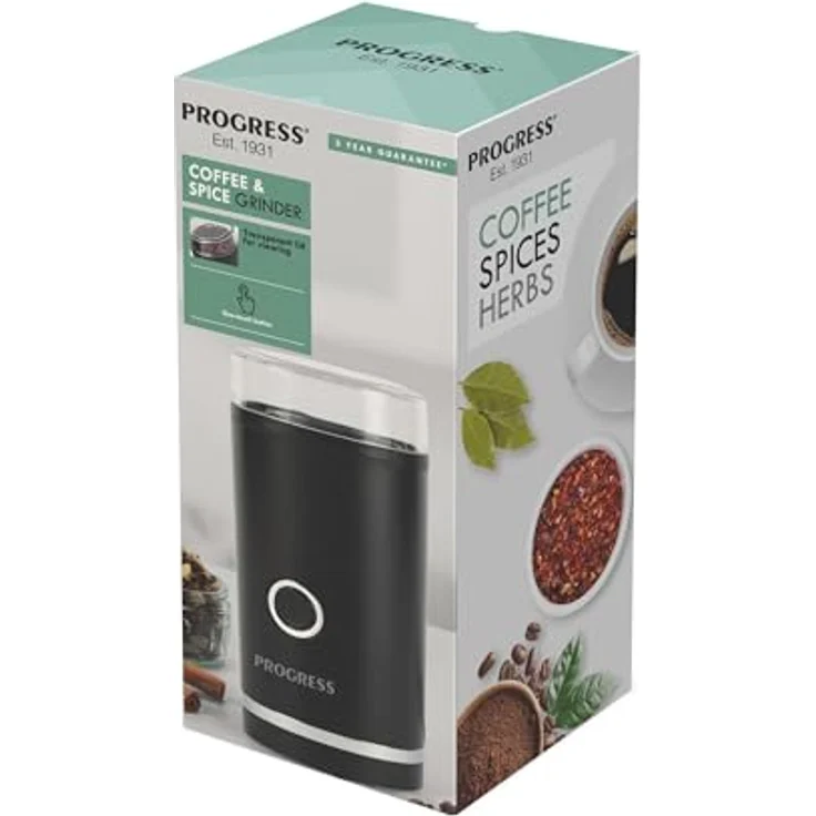 Progress EK6135PVDE Elektrische Kaffee- und Gewürzmühle – Transparenter Deckel, Edelstahlklinge, One-Touch-Bedienung, 70 g Fassungsvermögen, 180W – Bild 2