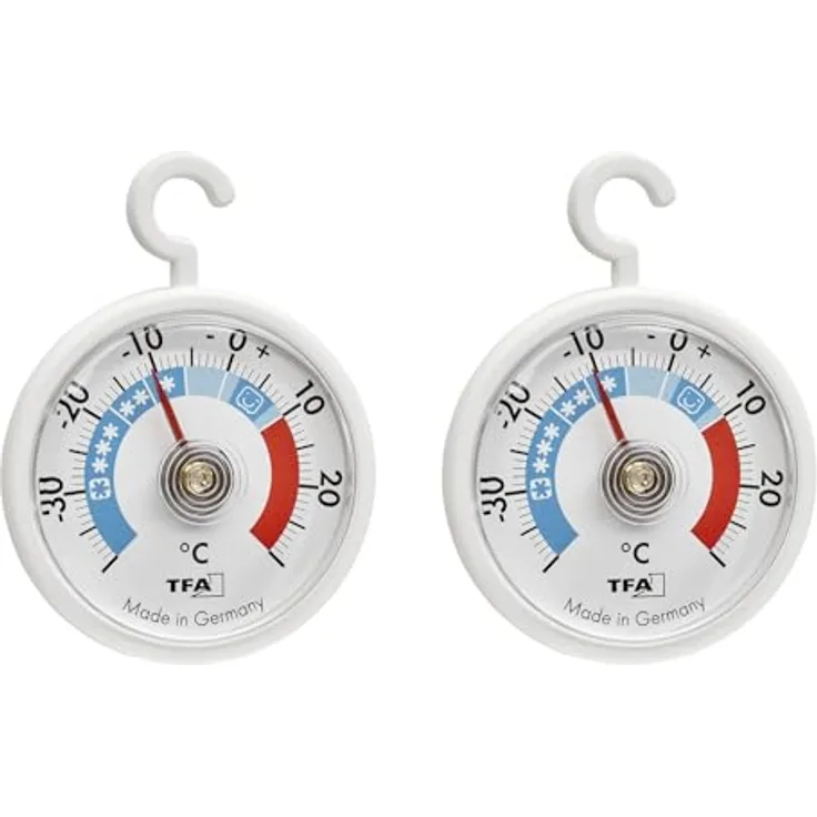 TFA Dostmann 2er Set Analoge Kühlthermometer, handlich mit Kühlzonen, für Kühlschrank und Gefrierschrank, bis -40°C, weiß