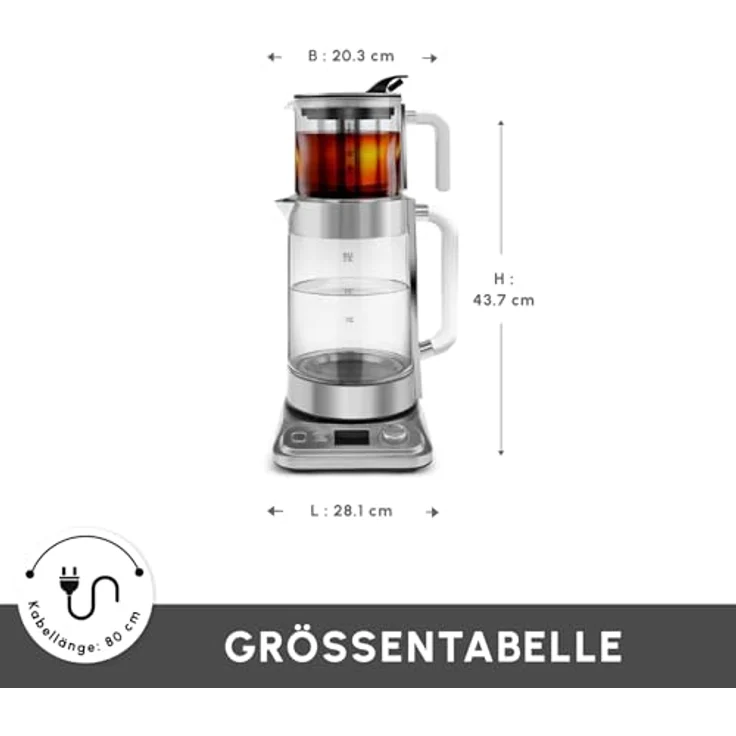 Karaca X Refika XL, Automatischer Teekocher & Caydanlik mit 2L Wasserkocher und 0,8L Glasteekanne, Multi-Temperatursteuerung, Eco-Modus, Chrom – Bild 2
