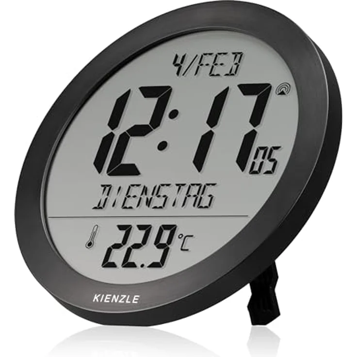 Kienzle Funkwanduhr Tischuhr mit 18,7 cm Display, Temperaturanzeige, DCF-Zeit, Datum, 2 Weckzeiten, Schlummerfunktion, schwarz – Bild 1
