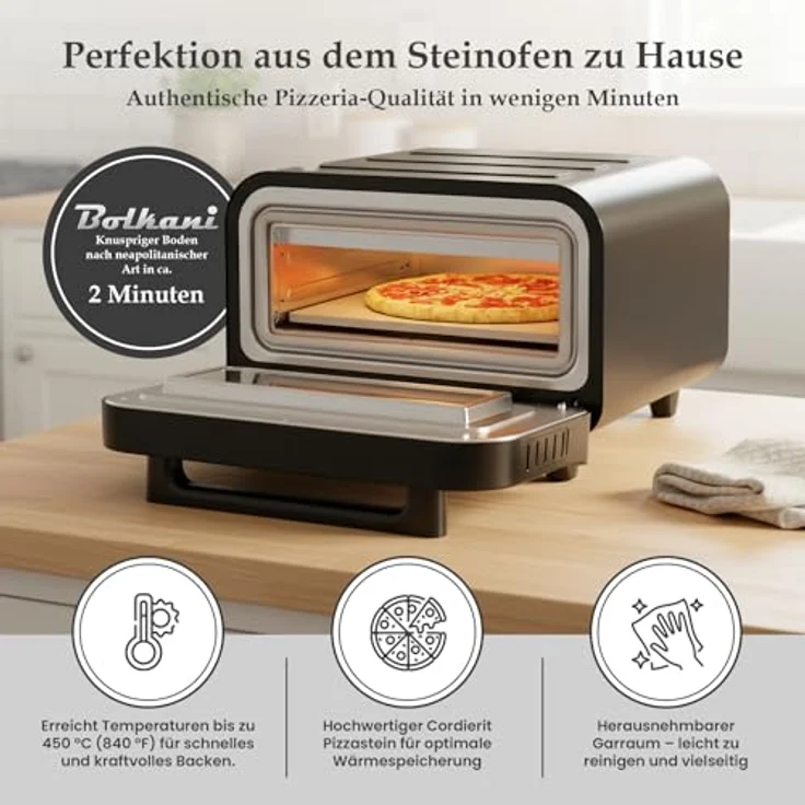 BOLKANI Elektrischer Pizzaofen mit Pizzastein und Pizzaschieber, 450°C, 1700W, Timer und Innenbeleuchtung, für knusprige Steinofen-Pizza in 2 Minuten – Bild 5