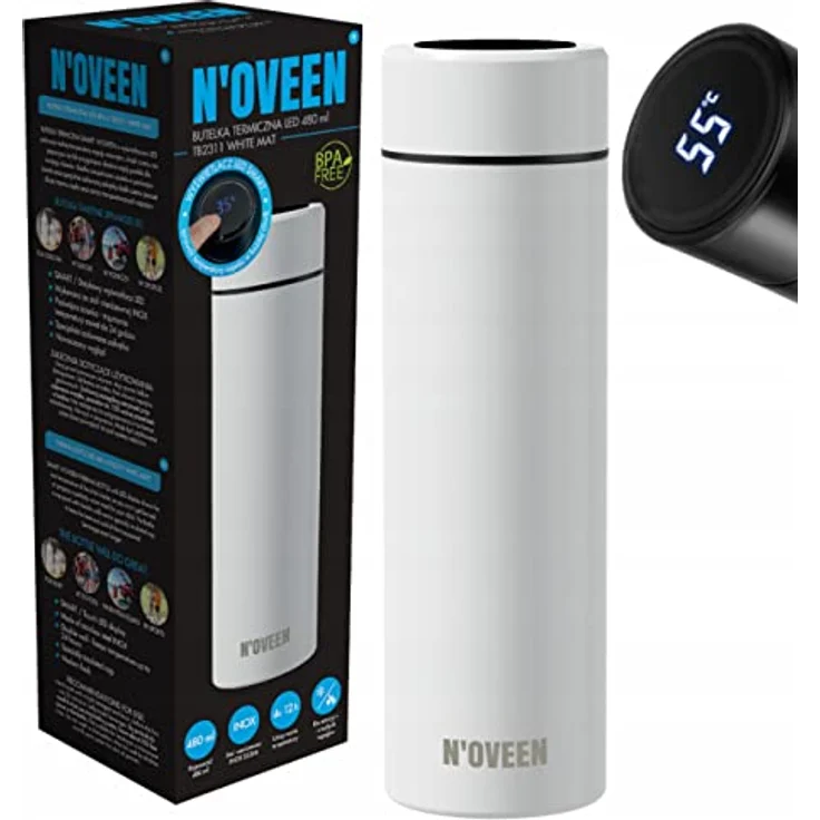 N'OVEEN Thermoflasche KUBEK LED Noveen 450ml, weiß mit integrierter LED-Anzeige – Bild 1