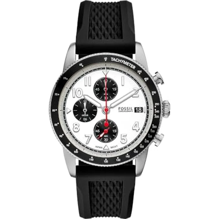Fossil Herren Analog Quarz Uhr mit Silikon Armband FS6087, 42-mm-Gehäuse, weißes Zifferblatt, wasserdicht bis 50 m, schwarz – Bild 1