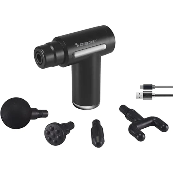 BEPER P302MAS002 Perkussionsmassagegerät, 30W, wiederaufladbare Massagepistole, 4 austauschbare Köpfe. 6 Intensitätsstufen, Schwarz – Bild 5