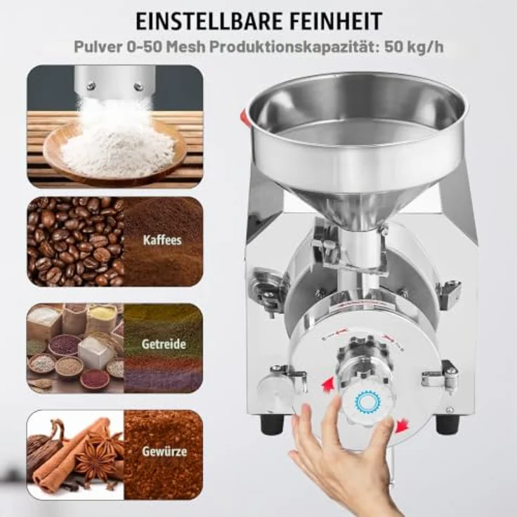 VEVOR Sojabohnenmühle 2200 W, industrielle Edelstahl-Mahlmaschine für Gewürze, 50 kg/h, einstellbare Pulverfeinheit, 605 x 290 x 460 mm – Bild 4