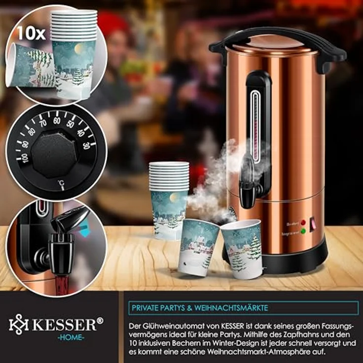 KESSER Glühweinautomat 20L, Edelstahl Einkochautomat mit 1800 W, Thermostat 30-100°C, Auto-Erhitzen & Warmhalten, inklusive 10 Bechern mit Wintermotiv – Bild 4