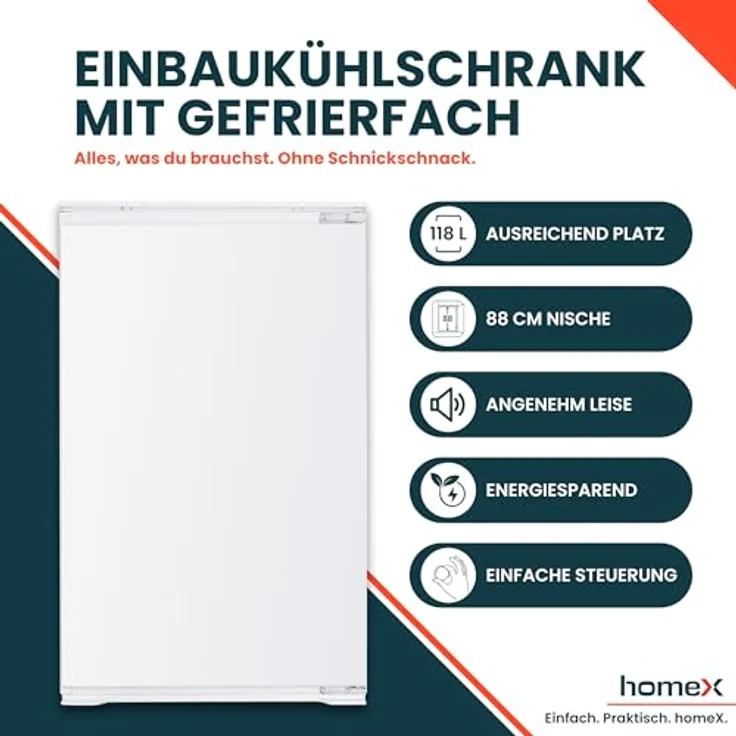 homeX CFB1181E Einbaukühlschrank mit Gefrierfach, 118 Liter, Schlepptürtechnik, LED-Beleuchtung, leise mit 37 dB, für 88 cm Nische – Bild 2