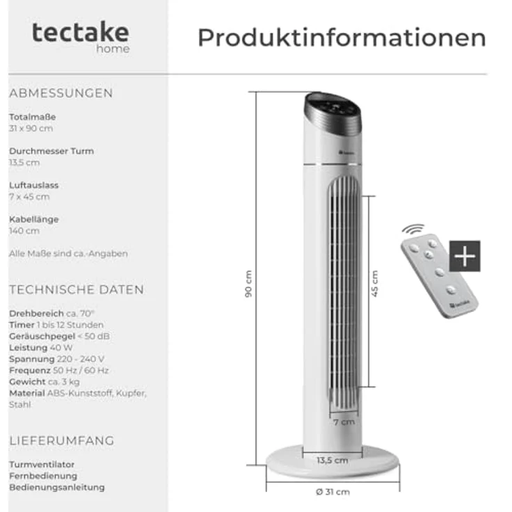 Tectake Turmventilator, 40 Watt, 90 cm – Bild 7