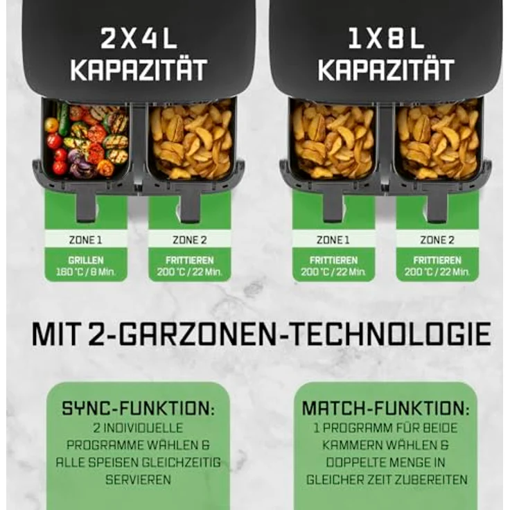 GOURMETmaxx Heißluftfritteuse Doppelkammer 2 x 4 L, Synchro-Garzonen Airfryer, Fritteuse mit Touchscreen,  2 Kammern & 10 Programmen – Bild 3
