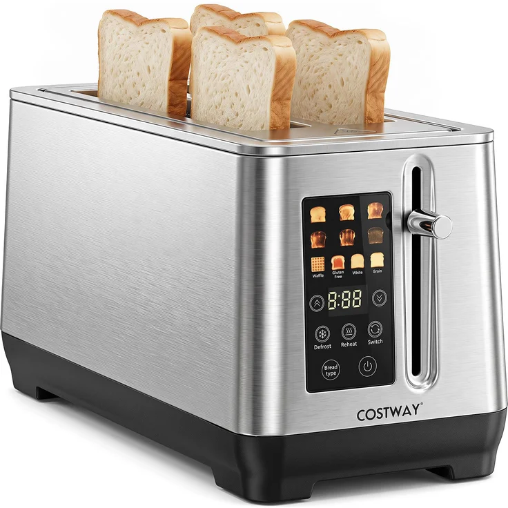 COSTWAY Langschlitztoaster 4 Scheiben 1600W Edelstahl mit LED-Display, 6 Bräunungsstufen, Auftau- & Aufwärmfunktion, Silber