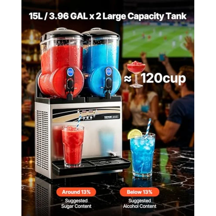 VEVOR Frozen Drink Maker X-300, 15 L x 2 Slush-Maschine mit Edelstahl-Gehäuse, tropfsicherem Wasserhahn und abnehmbarer Tropfschale, schwarz – Bild 2