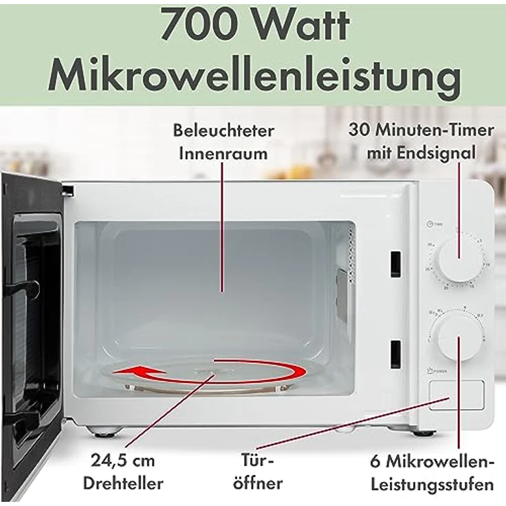 Clatronic MW 791 Mikrowelle, Standgerät, 700 Watt, 20 Liter Garraum, 30-Minuten Timer mit Endsignal, 6 Leistungsstufen- Garraumbeleuchtung, weiß – Bild 5