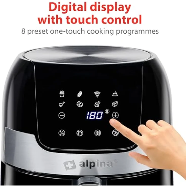Alpina Airfryer 3,5L - Heißluftfritteuse 1400W - Temperatur Einstellbar von 80 bis 200 °C - Backofen für 3 bis 5 Personen - Luftfritteuse mit Timer bis 60 Min - Digitales Display - Metal - Schwarz – Bild 5